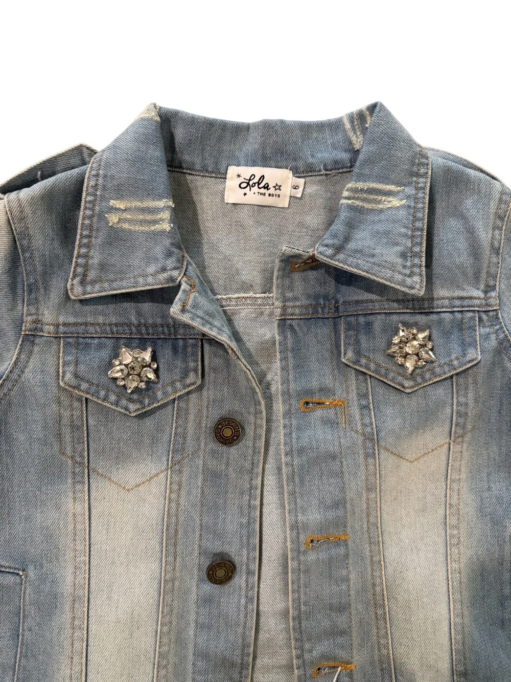 Lola & The Boys : Kids Light Wash Denim Jacket with Colorblock Heart Patch